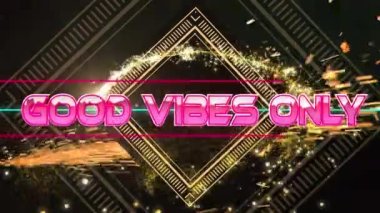 İyi titreşimlerin animasyonu sadece dijital arayüz şablonu üzerinden pembe harflerle yazılır. Dijital olarak oluşturulmuş küresel video oyunu, iletişim ve veri işleme kavramı.