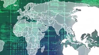 Dünya üzerinde veri işleme animasyonu ve kara arka planda dünya haritası. Küresel teknoloji, bilgisayar ve dijital arayüz kavramı dijital olarak oluşturulmuş video.