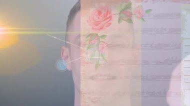 Akış şeması animasyonu, yüzen ikonlar, kesilmiş el üstünde gül sanatı gülümseyen beyaz adam. Dijital bileşik, çoklu pozlama, mercek patlaması, vuruş, iletişim ve teknoloji kavramı.