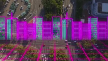 Neon 3d şehir modelinin şehir trafiğinin hava görüntüsüne göre şebekeye göre animasyonu. İş teknolojisi kavramı
