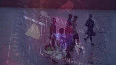 Çeşitli erkek oyuncuların basketbol sahasında beşlik çakması üzerine bilgi arayüzü animasyonu. Dijital bileşim, çoklu pozlama, küreselleşme, rapor, iş, spor ve rekabet.
