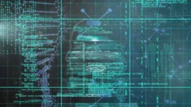 Mavi zemin üzerinde veri işleme ile ekranların üzerinde moleküler ve DNA yapısının animasyonu. Tıbbi araştırma ve bilim teknolojisi kavramı