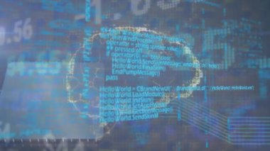 Mavi arka planda dönen insan beyni modeli üzerinde veri işleme animasyonu. Bilgisayar arayüzü ve iş teknolojisi kavramı