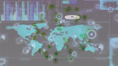 Dünya haritası ile bağlantı ağının animasyonu ve kara arkaplan üzerinde veri işleme. Küresel teknoloji, bağlantılar ve dijital arayüz konsepti dijital olarak oluşturulmuş video.