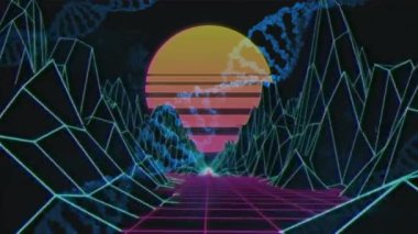 DNA ipliği üzerindeki dijital dağların animasyonu. Küresel bilim ve dijital arayüz kavramı dijital olarak oluşturulmuş video.