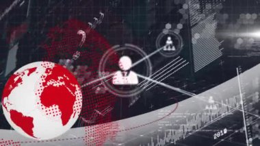 Dünya 'nın animasyonu, veri işleme ve bağlantı ağı. Dijital olarak oluşturulmuş küresel bağlantılar, iş, finans ve veri işleme kavramı.