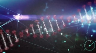 Soyut arkaplanda çizgiler ve merceklerle bağlantılı dönen DNA sarmallarının ve noktaların canlandırılması. Dijital olarak üretilmiş, hologram, illüstrasyon, aydınlanma, molekül, sağlık ve iletişim.
