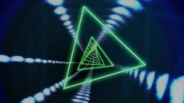 Neon üçgenlerin animasyonu ve parlayan bağlantılar ağı. Dijital olarak oluşturulmuş küresel bağlantılar, hesaplama ve veri işleme kavramı.