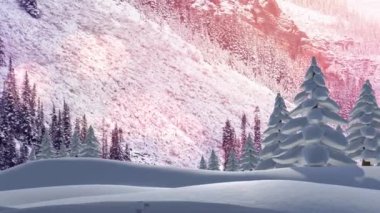 Kış manzarasına yağan kar animasyonu. Küresel kış ve dijital arayüz kavramı dijital olarak oluşturulmuş video.