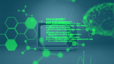 Televizyondaki DNA ipliği üzerinde veri işleme animasyonu. Küresel bilim ve dijital arayüz kavramı dijital olarak oluşturulmuş video.