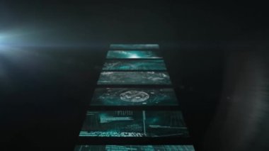 Siyah zemin üzerinde ışık noktaları ve veri işleme animasyonları. Soyut arkaplan ve dijital arayüz kavramı dijital olarak oluşturulmuş video.