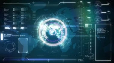 Dünya haritası üzerinde tarama ve veri işlemenin animasyonu. Dijital olarak oluşturulmuş küresel bağlantılar, hesaplama ve veri işleme kavramı.