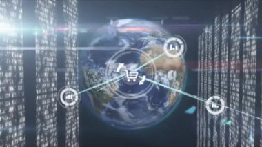 Küresel animasyon, bilgisayar sunucuları üzerindeki simgelerle bağlantı ağı. Küresel hesaplama, bağlantılar, ağlar ve veri işleme kavramı dijital olarak oluşturulmuş video.