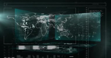 Veri işlemenin animasyonu ve kara zemin üzerinde matematiksel denklemlerle dünya haritası. Küresel teknoloji, bilgisayar ve dijital arayüz kavramı dijital olarak oluşturulmuş video.