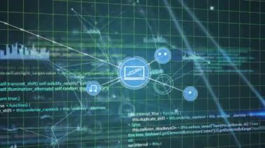 Izgara üzerindeki simgelerle bağlantı ağının animasyonu. Küresel hesaplama, bağlantılar, ağlar ve veri işleme kavramı dijital olarak oluşturulmuş video.