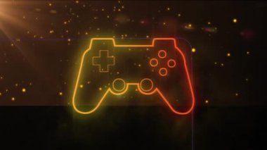 Parlayan neon oyun konsolunun animasyonu ve siyah arkaplana düşen ışık noktaları. Video oyunu ve bağlantılar konsepti dijital olarak oluşturuldu.