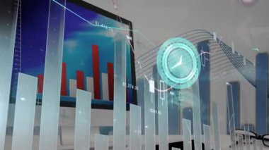 Saatin animasyonu hızlı ve finansal veri işliyor. Küresel hesaplama, iş, finans ve veri işleme kavramı dijital olarak oluşturulmuş video.