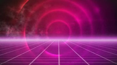 Parlayan ızgara deseni üzerinde ışınlar olan hareketli dairelerin animasyonu. Dijital olarak üretilen hologram, illüstrasyon, vektör, tasarım, aydınlatma, şekil, teknoloji ve soyut kavram.