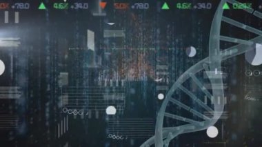 DNA ipliği ve veri işleme animasyonu. Küresel bilim, iş, finans, bağlantılar, hesaplama ve veri işleme kavramı dijital olarak oluşturulmuş görüntü.