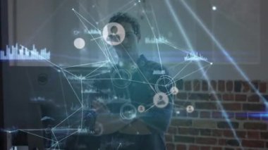 Animation of network of connections over caucasian businessman in office. Global business and digital interface concept digitally generated video.