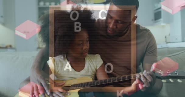 Animación Texto Regreso Escuela Sobre Padre Niña Afroamericanos Tocando Guitarra — Vídeos de Stock