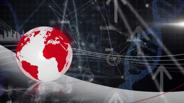 Анимация Земного Шара Стрелок Вверх Связными Точками Графическими Иконками Спиралью — стоковое видео
