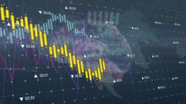 ヒトの脳のアイコンとデータ処理を回転させる金融データ処理のアニメーション グローバルな金融 医療研究技術の概念 — ストック動画