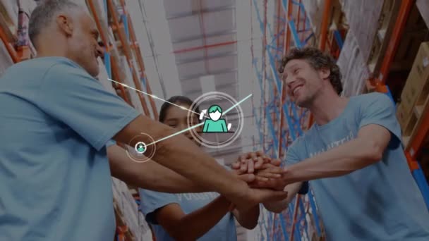 Animação Rede Conexões Com Ícones Sobre Diversos Voluntários Empilhando Mãos — Vídeo de Stock