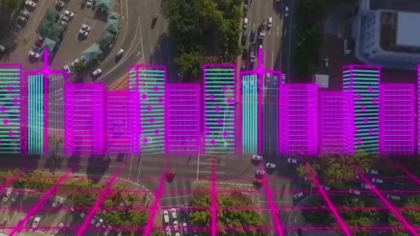 Animação Neon Modelo Cidade Sobre Rede Grade Contra Visão Aérea — Vídeo de Stock