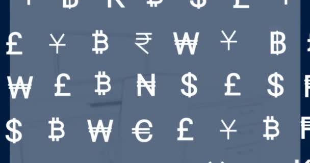 Animación Símbolos Moneda Sobre Oficina Concepto Negocio Global Interfaz Digital — Vídeos de Stock