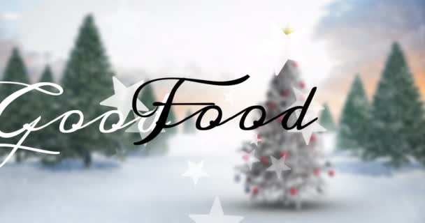 Animação Estrelas Banner Texto Boa Comida Contra Árvore Natal Decorativa — Vídeo de Stock