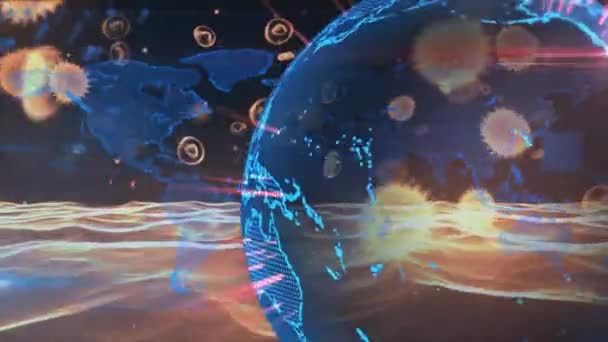 Анімація Ковад Клітин Плавають Над Обертовим Глобусом Світовою Картою Проти — стокове відео
