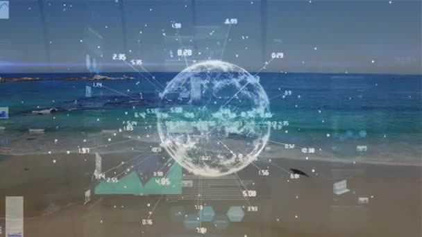 Animation Spinning Globe Statistical Data Processing Aerial View Beach Computer — Stock Video