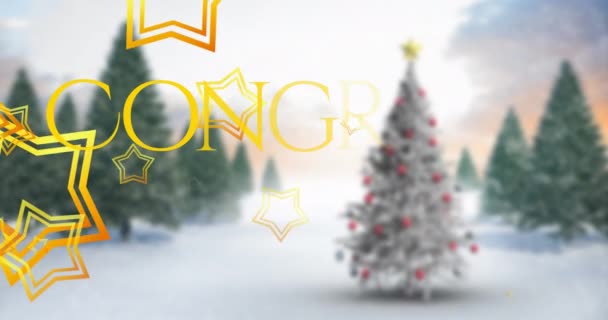 Animação Estrelas Douradas Parabéns Banner Texto Contra Árvore Natal Paisagem — Vídeo de Stock