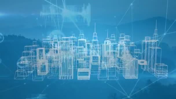 Анімація Мережі Язків Над Обертанням Міської Моделі Проти Ландшафту Горами — стокове відео