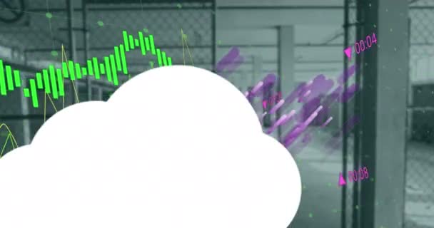 Animación Nubes Con Iconos Sobre Procesamiento Datos Edificio Vacío Tecnología — Vídeo de stock