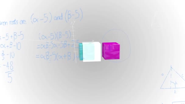 Animering Kuber Över Matematiska Ekvationer Vit Bakgrund Globalt Koncept För — Stockvideo