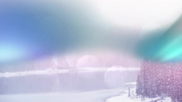 蓝色抽象的动画在松树林平静湖景上的移动 以抵御镜头照明弹 数码合成 圣诞节庆 冬季及假日概念 — 图库视频影像