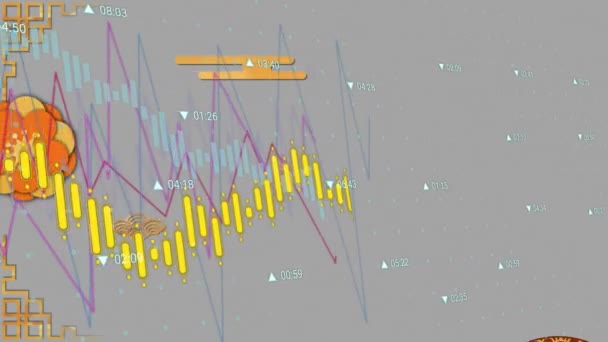 Анімація Статистичної Обробки Даних Над Квітковими Малюнками Сірому Фоні Концепція — стокове відео
