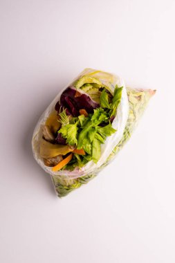 Mutfak gübre kutusunda organik meyve ve sebze atıklarının dikey görüntüsü. Fotokopi alanı olan beyaz arkaplanda. Ekoloji, geri dönüşüm, bakım ve doğa konsepti.