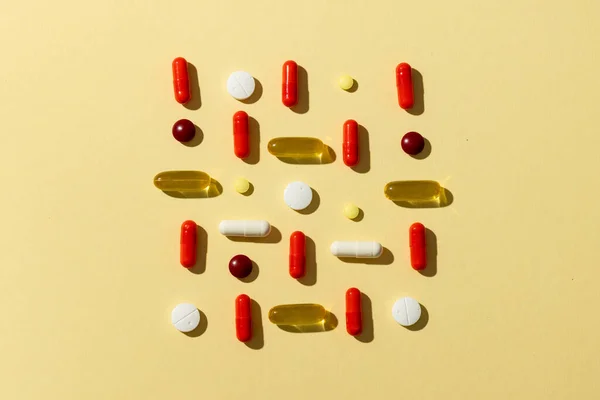 Composition Variety Pills Capsules Yellow Background Copy Space Medicine Medical — Stock Photo, Image