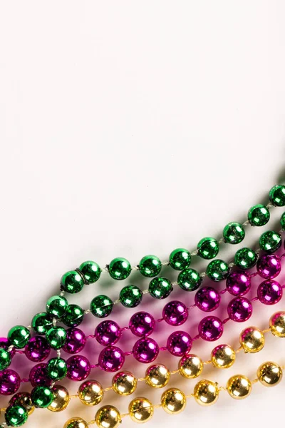 Composition Colourful Mardi Gras Beads White Background Copy Space Party — Stock Photo, Image