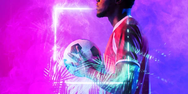 Midsection African American Male Soccer Player Holding Ball Illuminated Rectangle — Stock Photo, Image