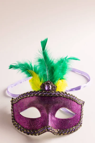 stock image Composition of colourful mardi gras carnival mask with feathers on white background with copy space. Party, celebration and carnival concept.