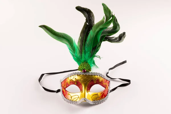Composition Colourful Mardi Gras Carnival Mask Feathers White Background Copy — Stock Photo, Image