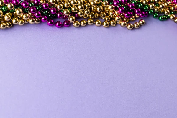 Composition Colourful Mardi Gras Beads Lilac Background Copy Space Party — Stock Photo, Image
