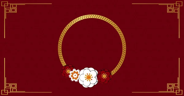 Image of flowers and circle on red backrgound. Chinese new year, tradition and celebration concept digitally generated image.