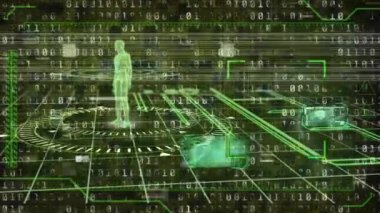 Siyah arkaplana karşı ikili kodlamaya karşı tıbbi veri işleme arayüzünün animasyonu. Tıbbi araştırma ve bilim teknolojisi kavramı