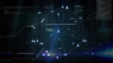 İkili kodlar ve programlama dili ile dünyayı oluşturan bağlı ikonların animasyonu. Dijital olarak üretilmiş, hologram, küreselleşme, kodlama, makine öğrenme ve teknoloji kavramı.