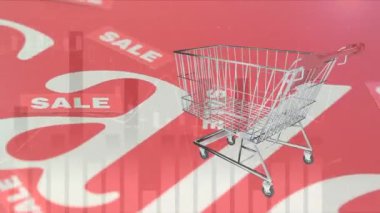 Alışveriş arabasının üzerinde veri işleme animasyonu. Küresel iş ve dijital arayüz kavramı dijital olarak oluşturulmuş video.